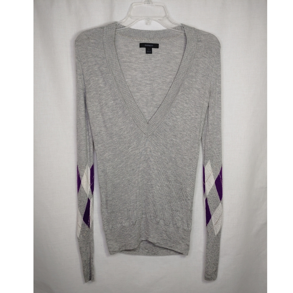 Express Gray Deep V-Neck Lightweight Sweater Sz S - image 2